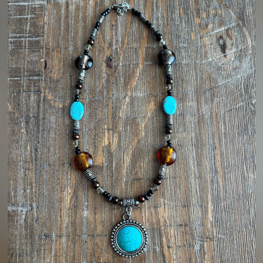 5/$25 Stunning Handcrafted Turquoise & Amber Beaded Necklace
